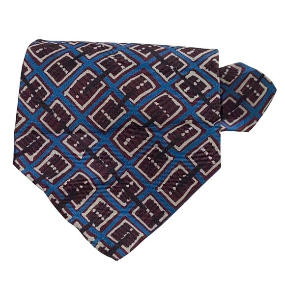 Vtg Perry Ellis Portfolio Necktie Brown Blue Geometric USA Italian Silk 58 x 4 - Picture 7 of 8